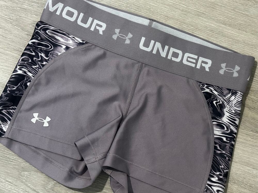 Under Armour Women’s Compression Shorts Gray Black Printed Side Panels